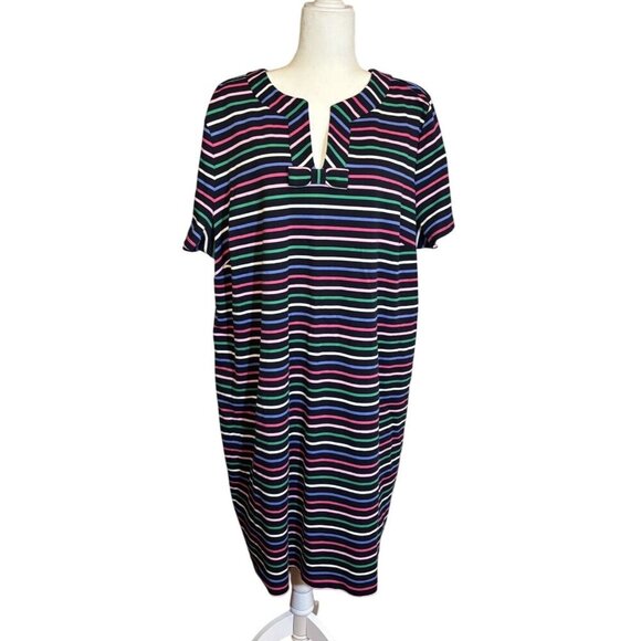Talbots Womens 3X Multicolor Stripe Navy Cotton Dress With Bow Neck Detail - Picture 1 of 7